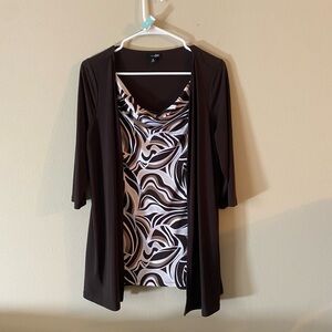 Brown and White Cowl Neck Blouse with Attached Brown 3/4 Sleeve Cardigan Sz M